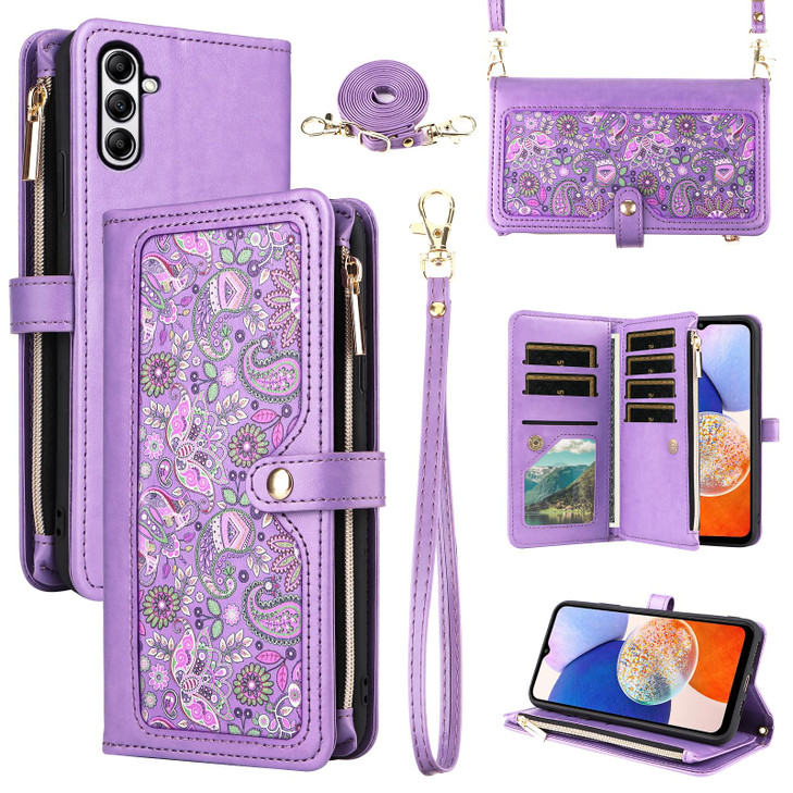 Dswteny for Samsung Galaxy S24 FE 5G Floral Wallet Case with Wrist Strap Shoulder Strap, Zipper Purse Flip Credit Card Holder Stand Accessories Cell