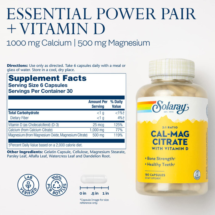 SOLARAY Calcium & Magnesium Citrate 2:1 Ratio w/Vitamin D-3, Healthy Bones