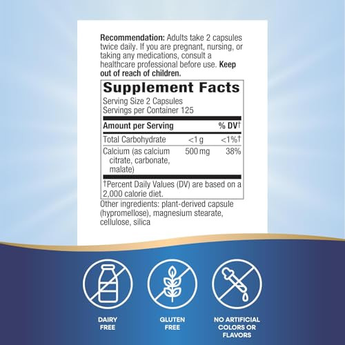 Nature's Way Calcium Citrate, 500 mg Calcium per 2-Capsule Serving, for Bone