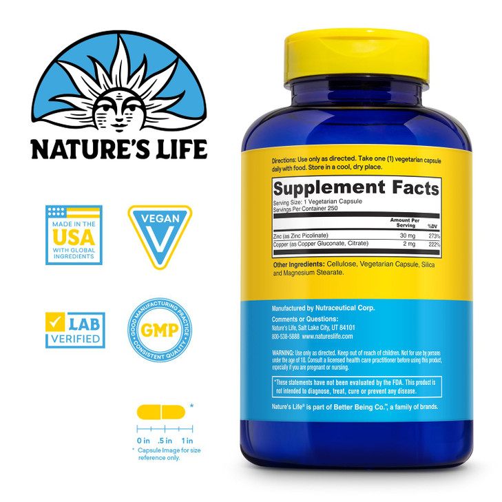 Nature's Life Zinc Picolinate 30mg Plus 2mg of Copper