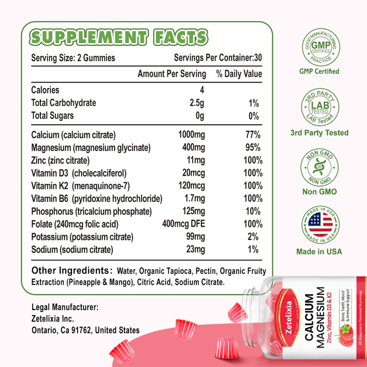 Zetelixia Calcium Magnesium Zinc Gummies with Vitamin D3 & K2, Calcium Gummies