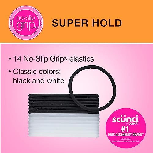 Scunci by Conair No-Slip Grip Super Hold Elastics Hair Ties for Women and Men, No Damage in Assorted Colors, 14 Pack