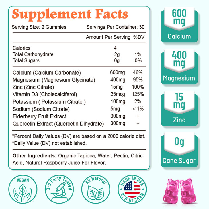 High Absorption Calcium Magnesium Zinc Gummies with Magnesium Glycinate 400mg