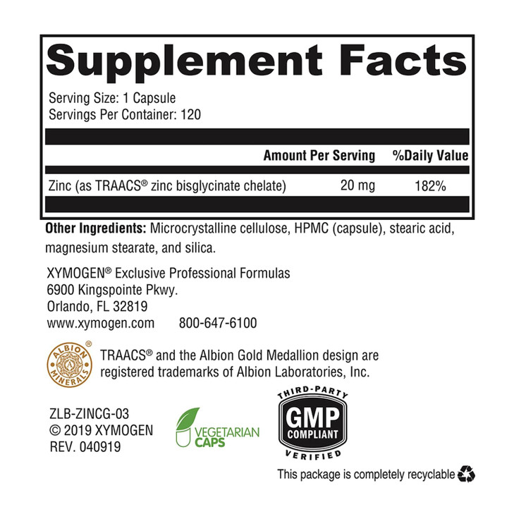 XYMOGEN Chelated Zinc Glycinate Supplement (120 Vegan Capsules)