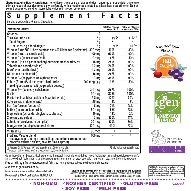 Bluebonnet Nutrition Rainforest Animalz Whole Food Based Multiple Chewable