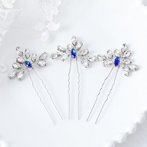 Artio Wedding Hair Pins Accessories with Rhinestones for Women and Girls 3PCS (Blue)