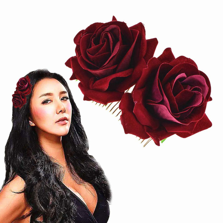 Rose Flower Hair Clip 3D Red Roses Flower Hair Accessories Side Comb Piece for Girls Women Bride Wedding Hair Clip Flamenco Dancer Hairpins Headwear