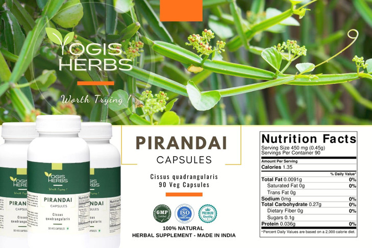 YOGIS HERBS Pirandai Capsules (Cissus quadrangularis) - 90 Veg Capsules