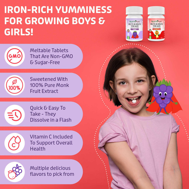 NutritiPure Kids Chewable Iron Supplement, Ferronyl Carbonyl Iron 9 mg, Vitamin
