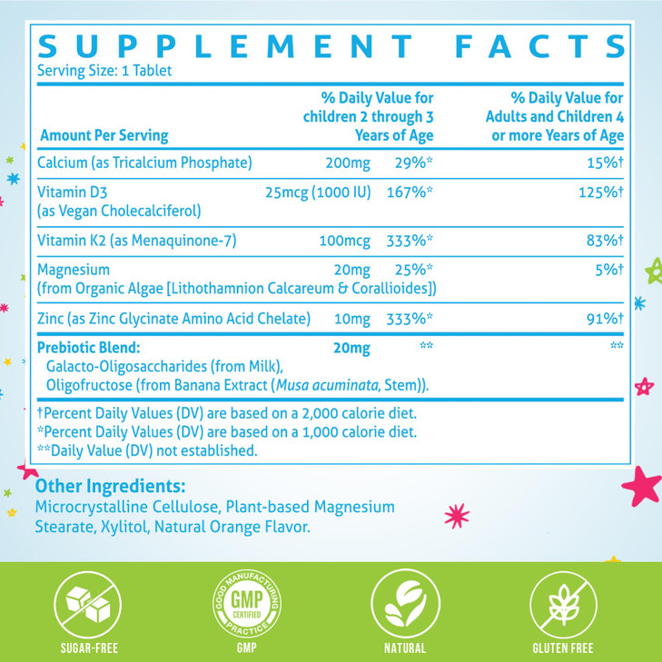 500 MG Calcium Supplement with Vitamin D3 & K2, Zinc, Magnesium & Prebiotics.