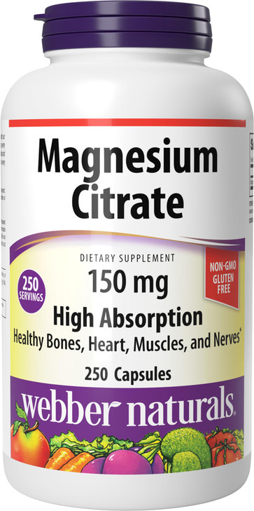 Webber Naturals Magnesium Citrate, 150 mg Per Capsule, 250 Capsules, High