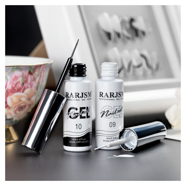 RARJSM Nail Art Gel,Liner Gel Polish,Black White Nail Design Polish Painted GelNailPolish Set 2Pcs Soak off Curing Requires 8ml Build in Thin Brush f