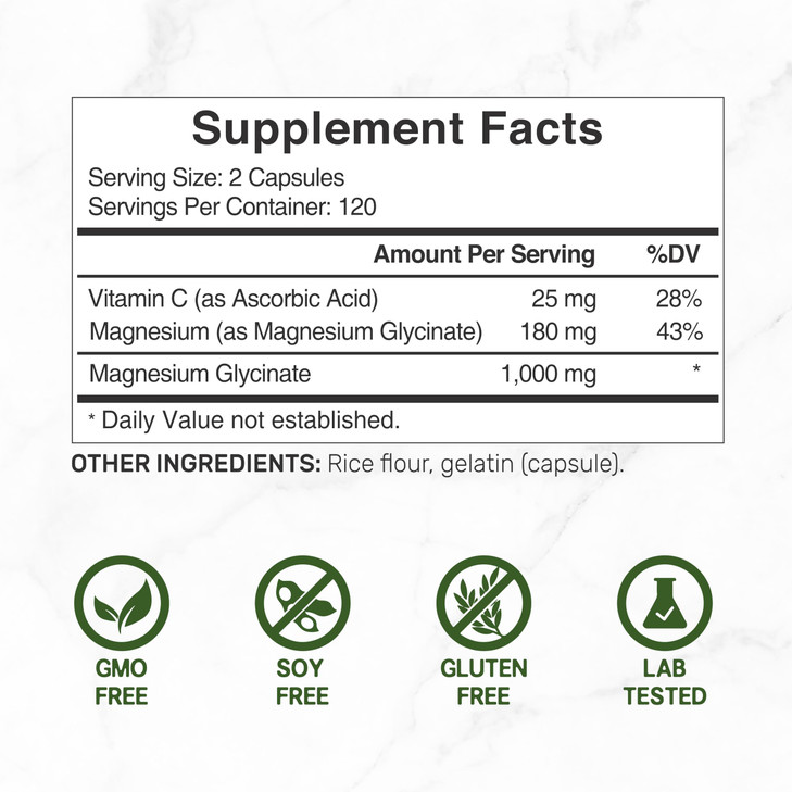 Magnesium Glycinate 500mg Per Capsule (1000mg Per Serving) Plus Vitamin C, 240