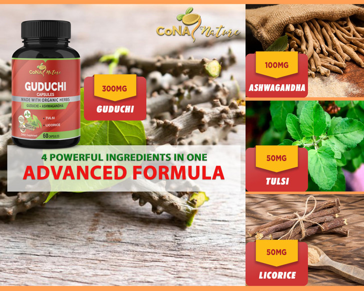 Cona Nature Organic Giloy Guduchi Extract Capsules & Ashwagandha, Licorice, Holy