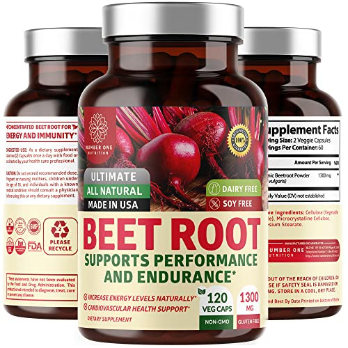 N1N Premium Organic Beet Root Capsules 1300mg 120 Veg Caps [Non-GMO & Gluten