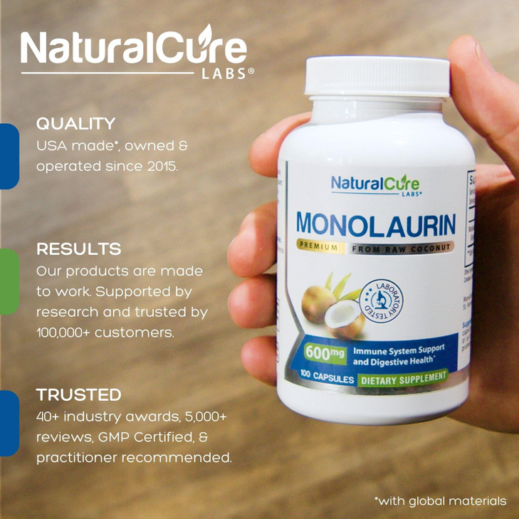 Natural Cure Labs Premium Monolaurin 600mg - 2 Pack, 200 Capsules