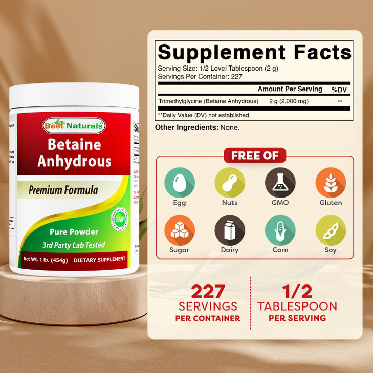 Best Naturals Betaine Anhydrous Trimethylglycine (TMG) Pure Powder 1 Pound (1 LB