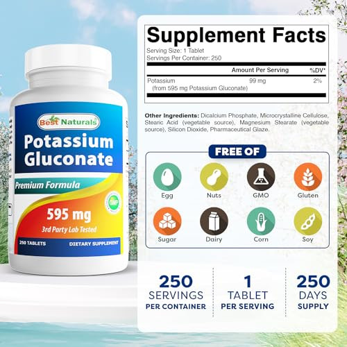 Best Naturals Potassium Gluconate 595 mg 250 Tablets (250 Count (Pack of 3))