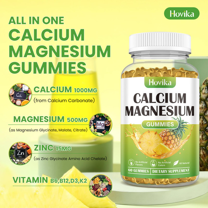 Calcium Magnesium Zinc Gummies, Calcium Magnesium 2:1 Ratio with Vitamin D3, K2