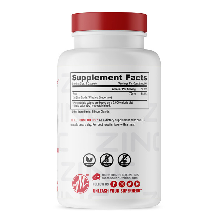 Zinc Supplement by Metabolic Nutrition, 75mg, 90 Zinc Capsules, Supports Immune