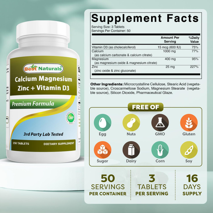 Best Naturals Calcium Magnesium Zinc with Vitamin D3, 150 Tablets