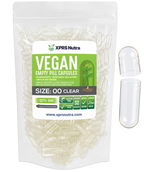 XPRS Nutra Size 00 Empty Capsules - 500 Count Clear Empty Vegan Capsules
