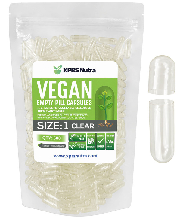 XPRS Nutra Size 1 Empty Capsules - 500 Count Clear Empty Vegan Capsules