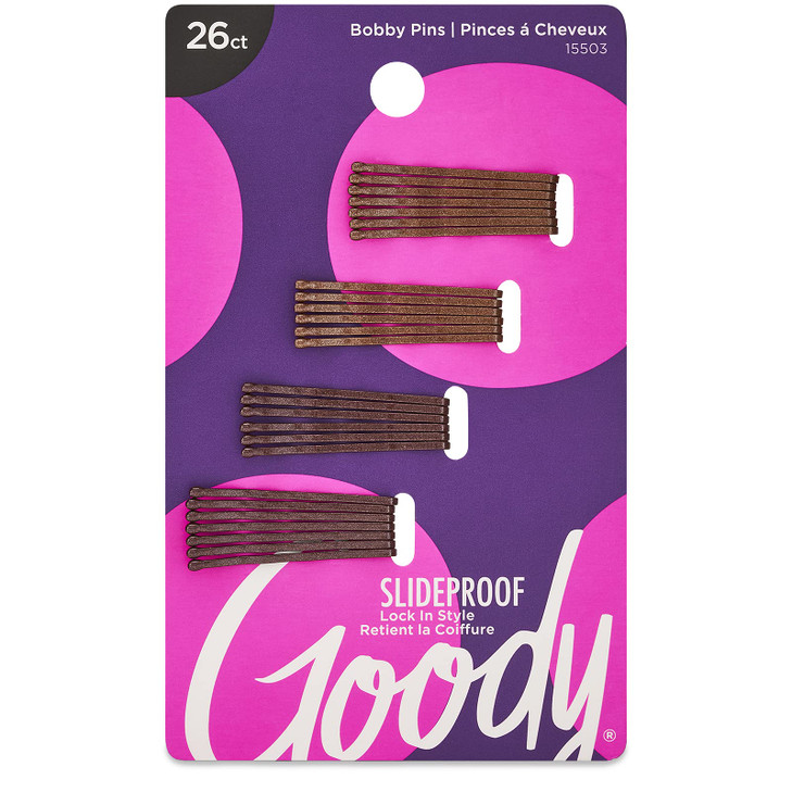 Goody SlideProof Bobby Pins, 26 Ct, Brown, Comfortable Bobby Hair Pins for Styling, Lock In Place, Pain-Free Styling Accessories for Women & Men, All