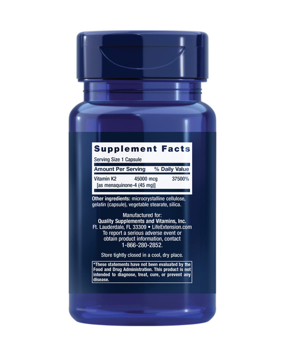 Life Extension Mega Vitamin K2 High Potency for Strong Bones, clinically studied