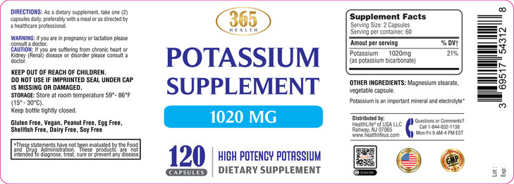365 Health Potassium Supplement 1020 mg - Potassium Bicarbonate