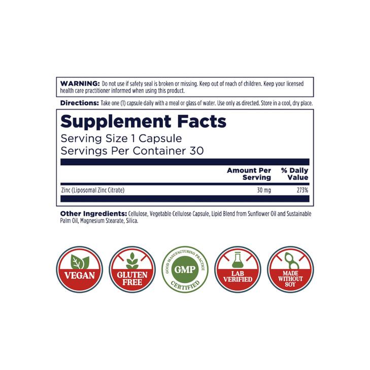 KAL Liposomal Zinc 30mg, Cellular Function and Immune Support Supplement
