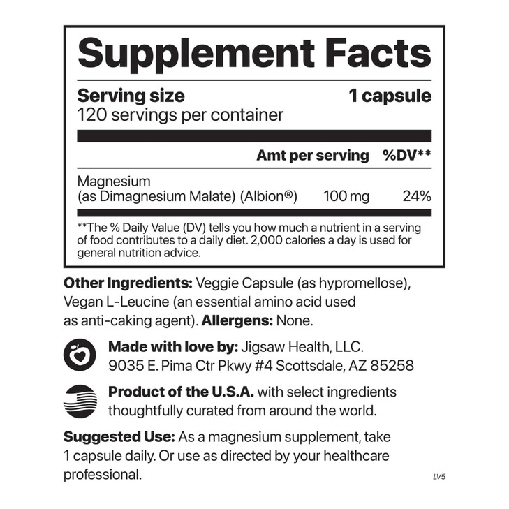 Jigsaw Health MagPure Malate | Premium Magnesium Malate Capsules | 120 Servings