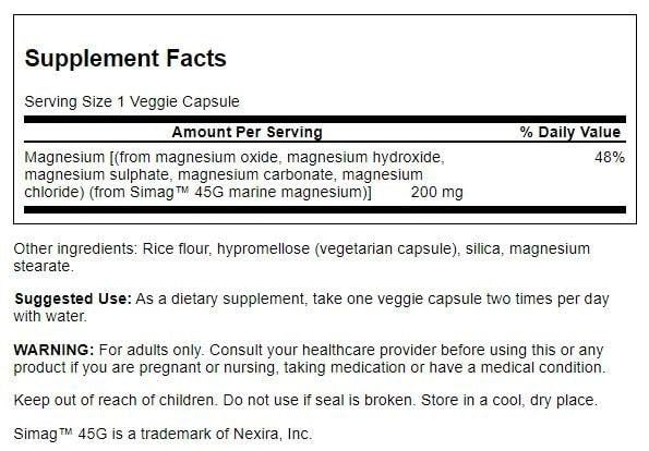 Swanson Simag Marine Magnesium 200 Milligrams Elemental 200 Milligrams 60 Veg