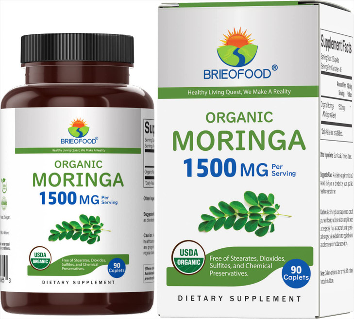 Brieofood Organic Moringa 1500mg, 45 Servings, Vegetarian, Gluten Free, 90
