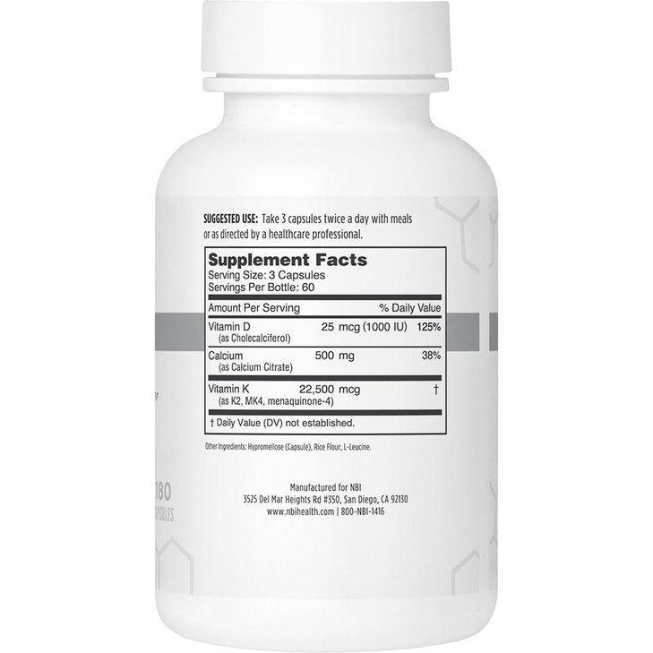 NBI Osteo-K Bone Support - Vitamin D & K Complex with Calcium Citrate Supplement
