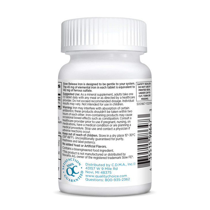 Quality Choice Iron High Potency Slow Release Tablets, 45mg, 60 Tabets Each