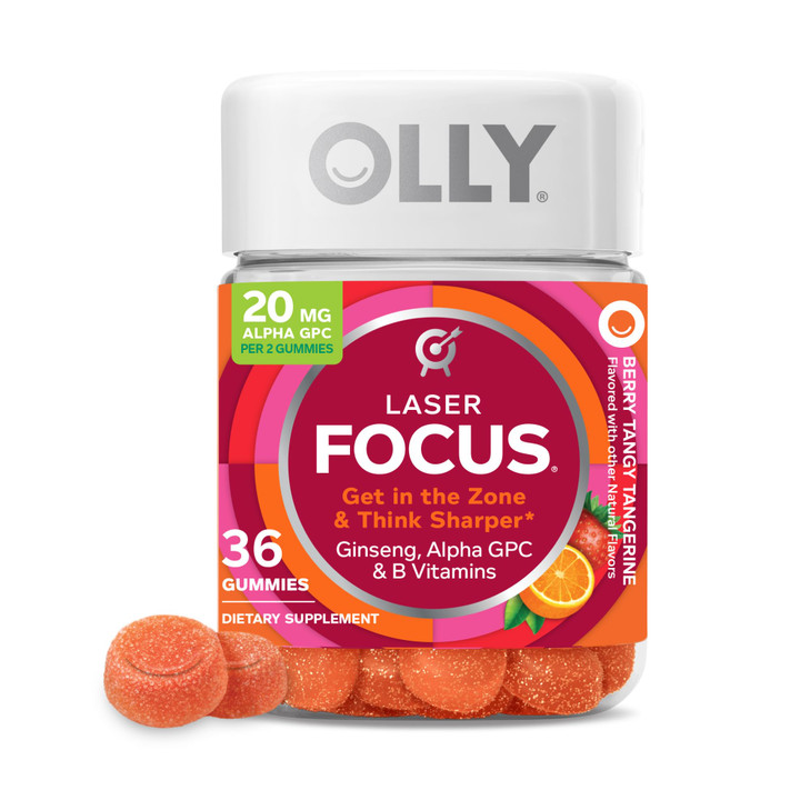 OLLY Laser Focus Gummy, Ginseng, Alpha GPC, B Vitamins, Berry Tangerine Flavor