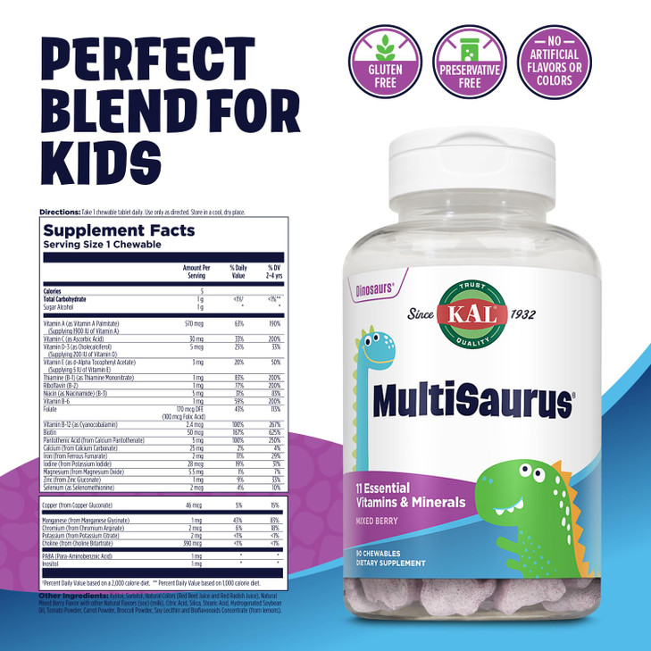 KAL MultiSaurus Kids Chewable Multivitamins, 11 Essential Vitamins and Minerals