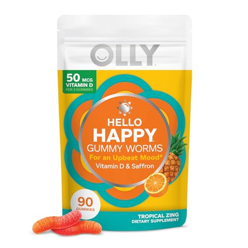 OLLY Hello Happy Gummy Worms, Mood Balance Support, Vitamin D, Saffron, Adult