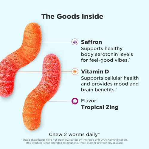 OLLY Hello Happy Gummy Worms, Mood Balance Support, Vitamin D, Saffron, Adult