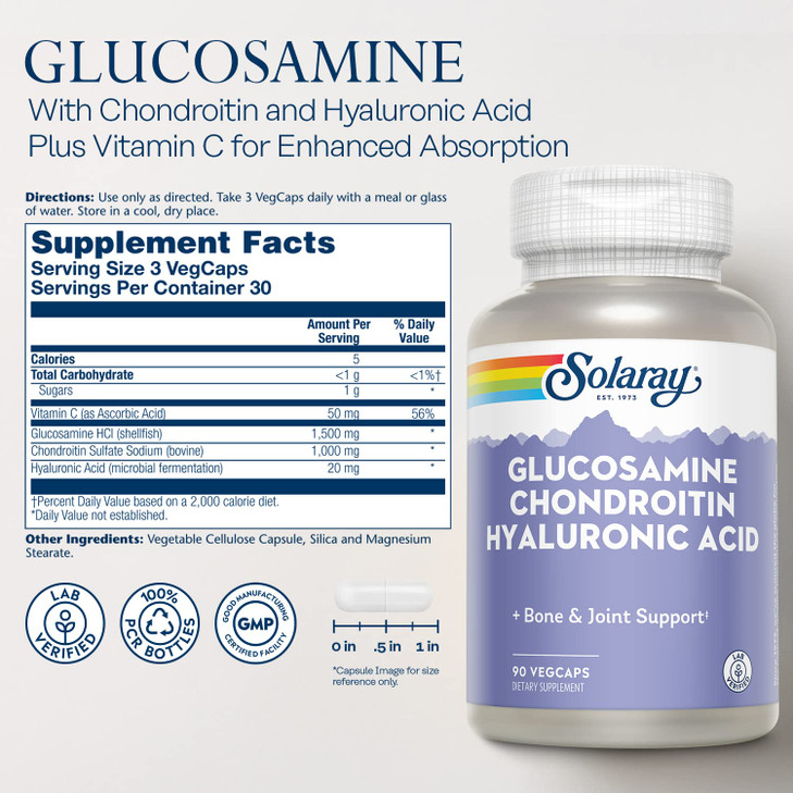 SOLARAY Glucosamine Chondroitin and Hyaluronic Acid, 1500mg/1000mg/20mg 90