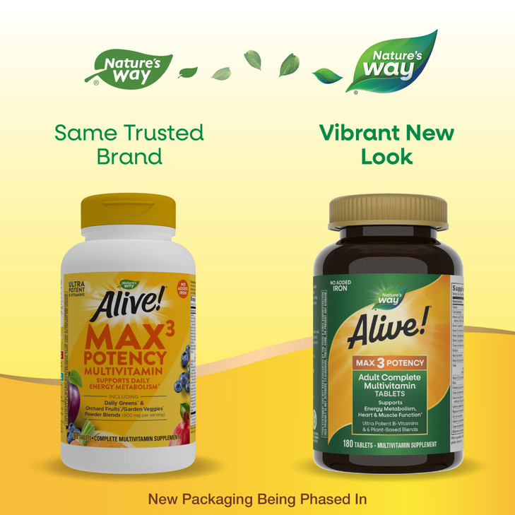 Nature's Way Alive! Max3 Potency Multivitamin, High Potency B-Vitamins, No Iron