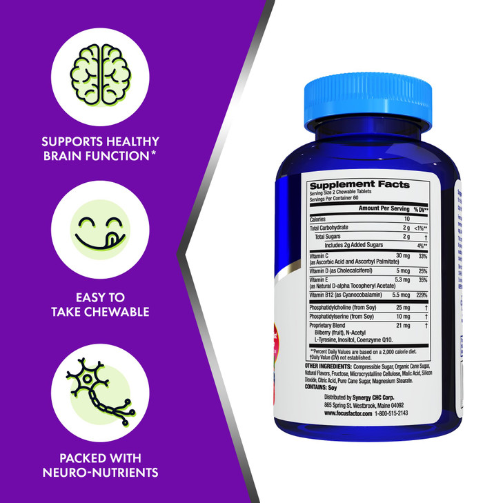 Focus Factor Kids Extra Strength Daily Chewable for Brain Health Support, 120
