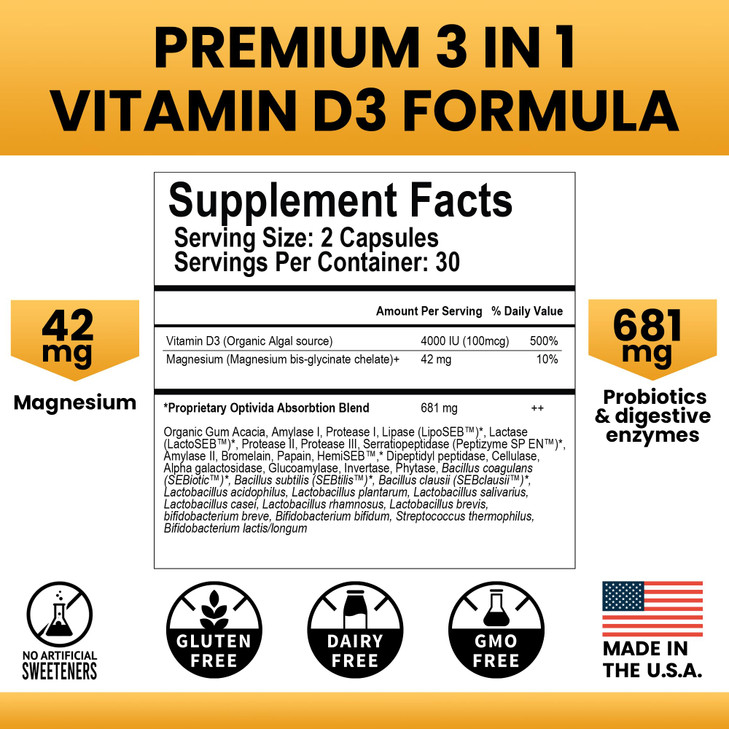 OPTIVIDA Bioavaiable Vegan Vitamin D3 4000 IU with Magnesium, Probiotics &
