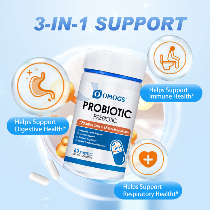 OMOGS Probiotics 120 Billion CFUs 18 Strains, 3 Prebiotics & Digestive Enzymes