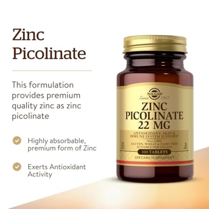 Solgar Zinc Picolinate 22 mg, 100 Tablets - Promotes Healthy Skin