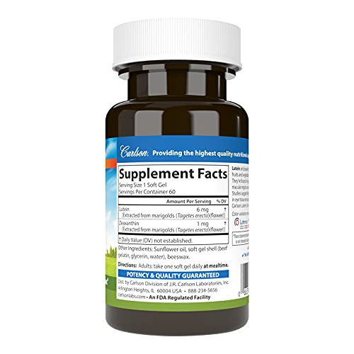 Carlson - Lutein, 6 mg, Healthy Vision & Eye Function, Antioxidant, 60 Softgels