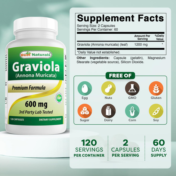 Best Naturals Graviola Capsules Annona Muricata, 600 mg, 120 Count