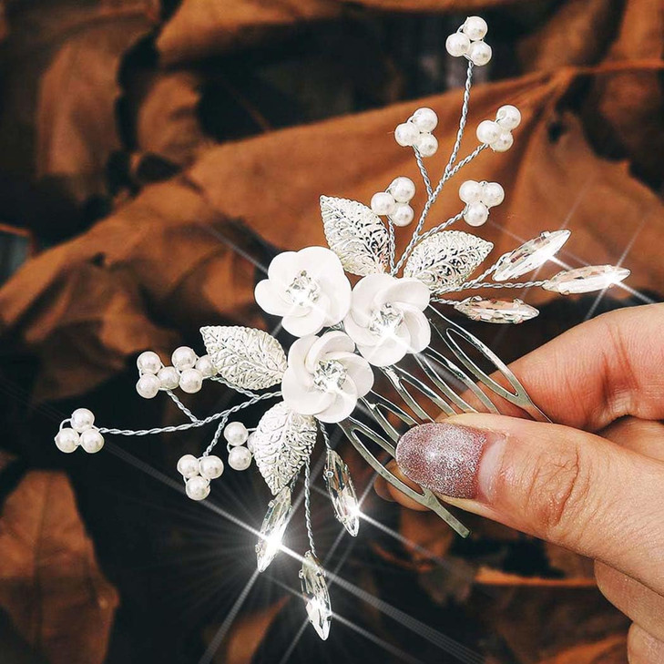 Latious Flower Wedding Hair Comb Silver Bridal Hair Clips Pearl Hair Accessorie for Brides and Women (Silver)