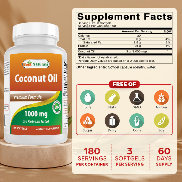 Best Naturals Extra Virgin Coconut Oil 1000 mg Softgel, 180 Count